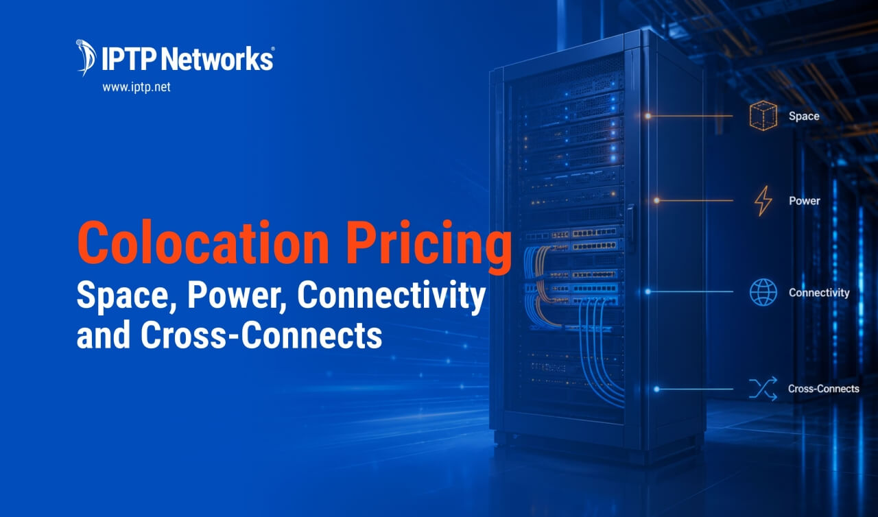 Colocation data center infrastructure — server racks and network connections, IPTP Networks